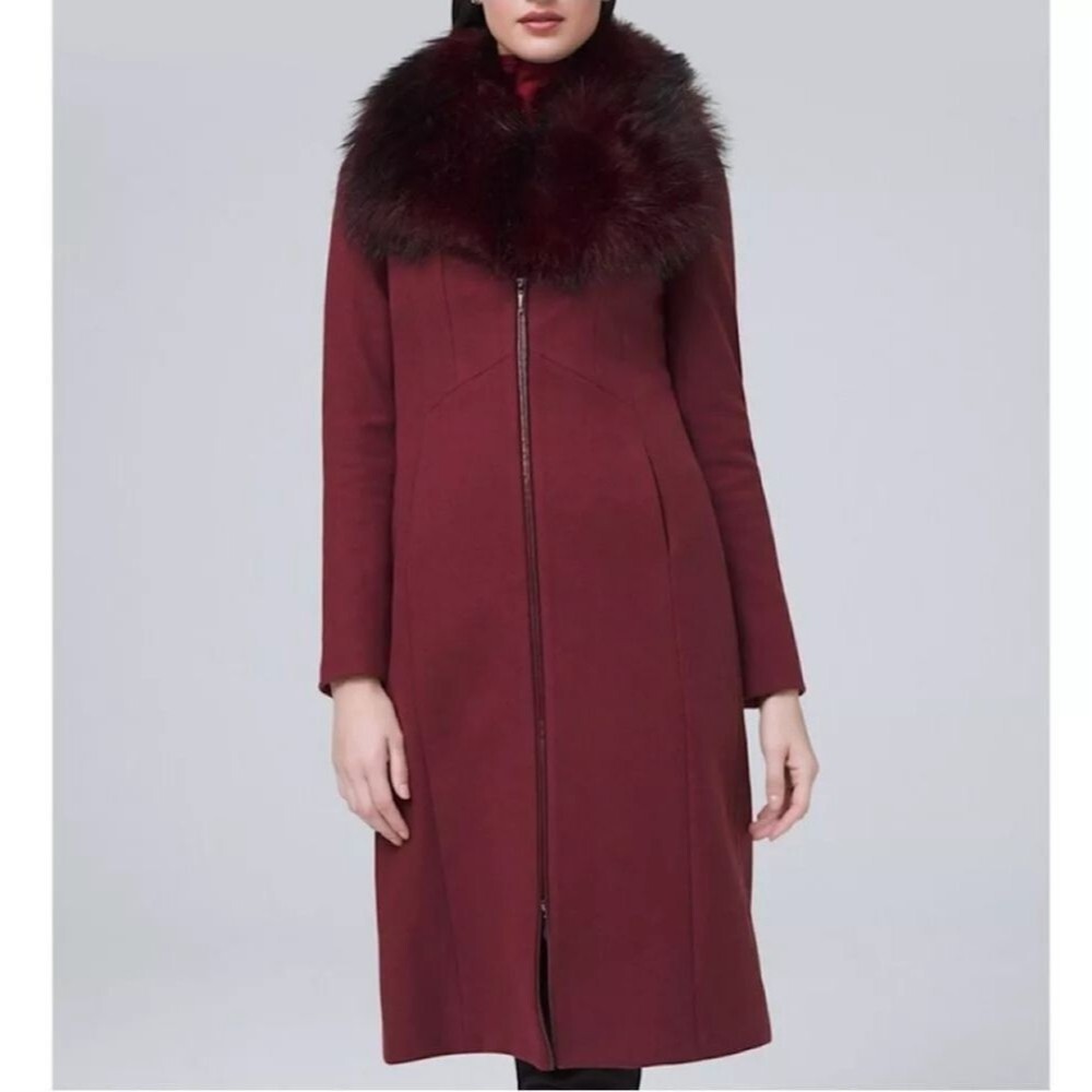 WHBM Faux Fur Collar Long Winter Coat Lined Burgundy Zip Front Size Medium